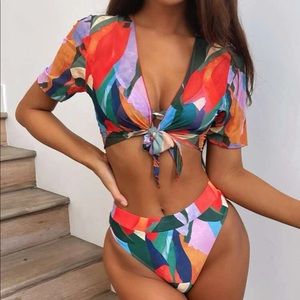 Boho 3 piece color block bikini set